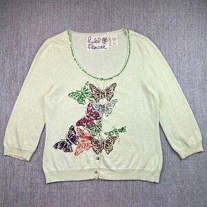 Field Flower Cardigan L Button Up Sweater Butterfly Print Knit Top Light Green